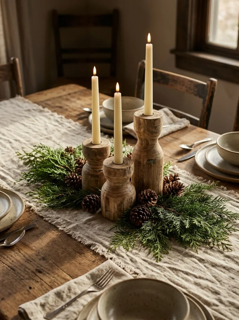 Farmhouse Christmas centerpiece with wooden candle holders, evergreen branches, and a linen table runner.