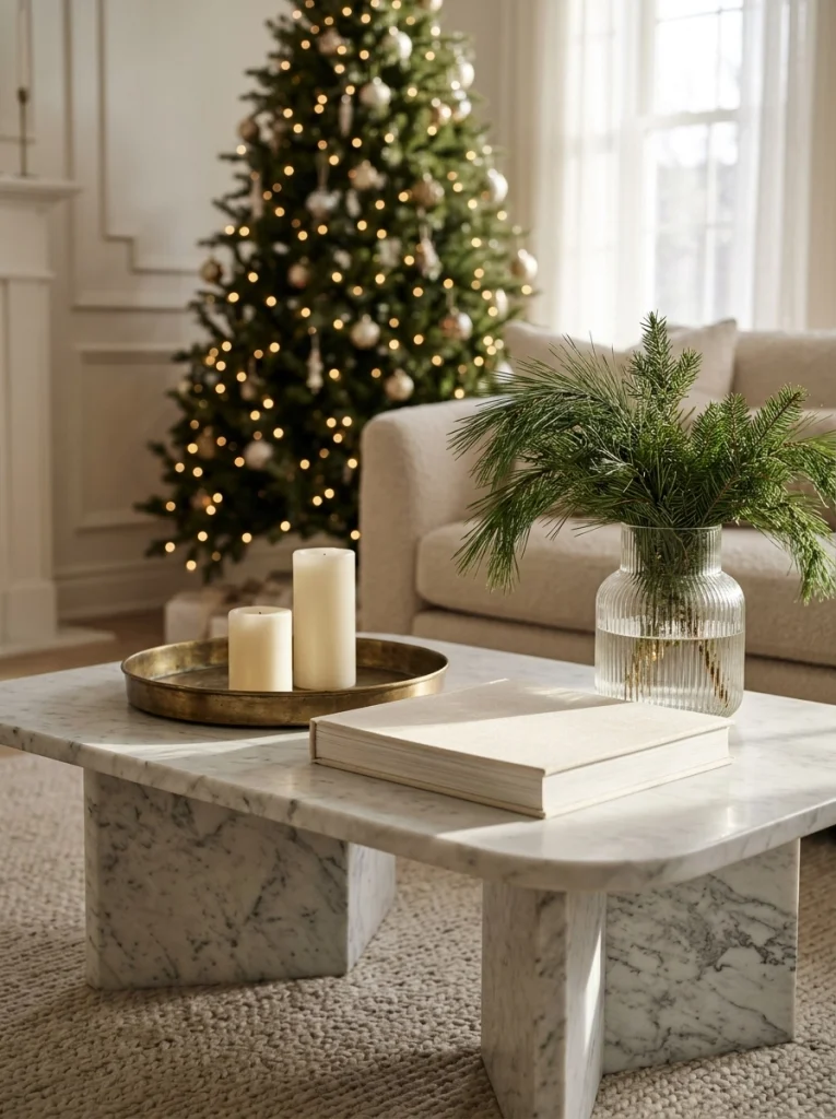 Luxury Christmas coffee table decor with a brass tray, evergreen branches, and ivory candles.