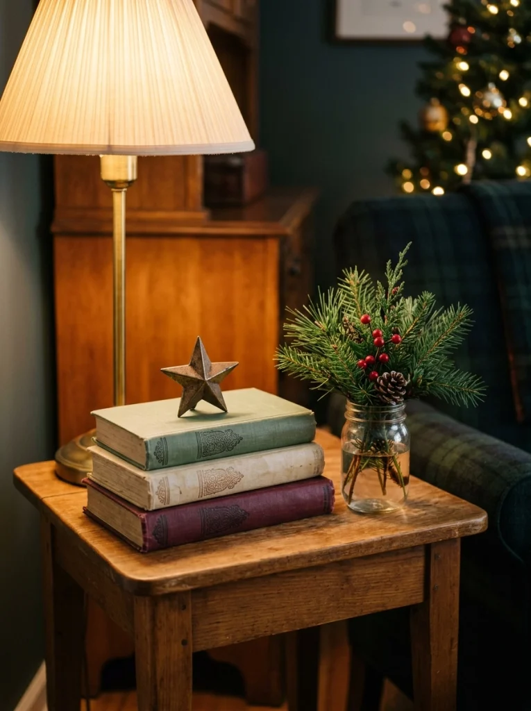 Vintage books and small seasonal accents create inexpensive Christmas side table decor.