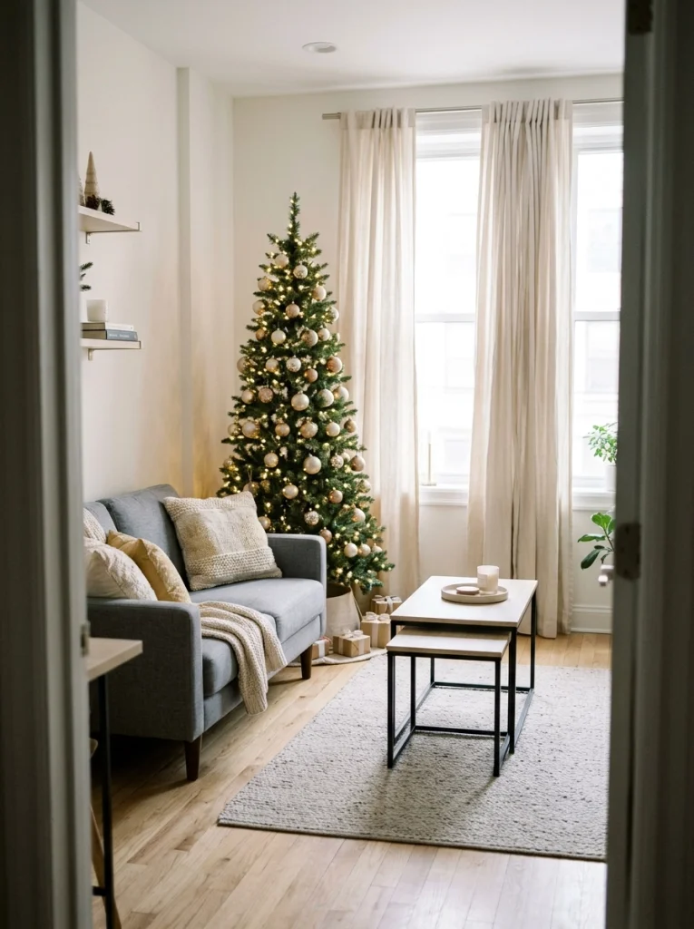 Small Christmas living room decor ideas featuring a slim tree beside a compact sofa in a bright apartment.