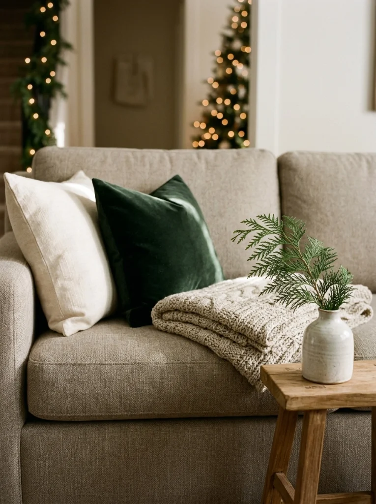 A neutral Christmas living room with cream textiles, a forest-green cushion, and simple evergreen accents.