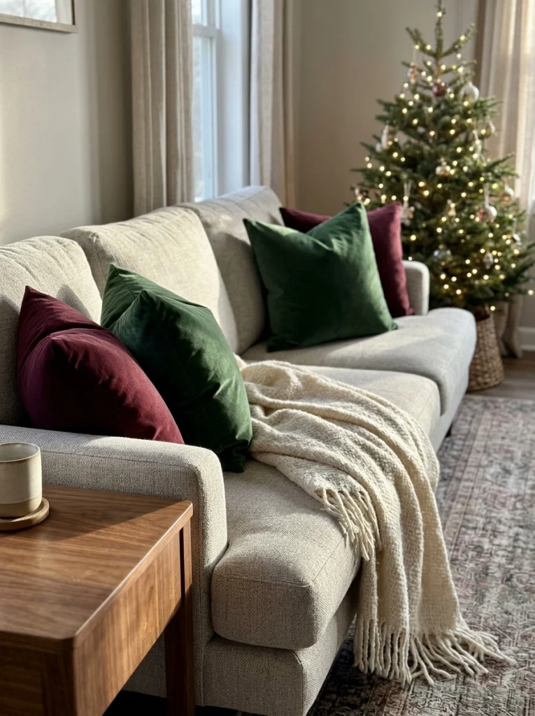 Christmas living room decor ideas with burgundy, forest-green, and cream decorative pillows on a comfortable sofa.