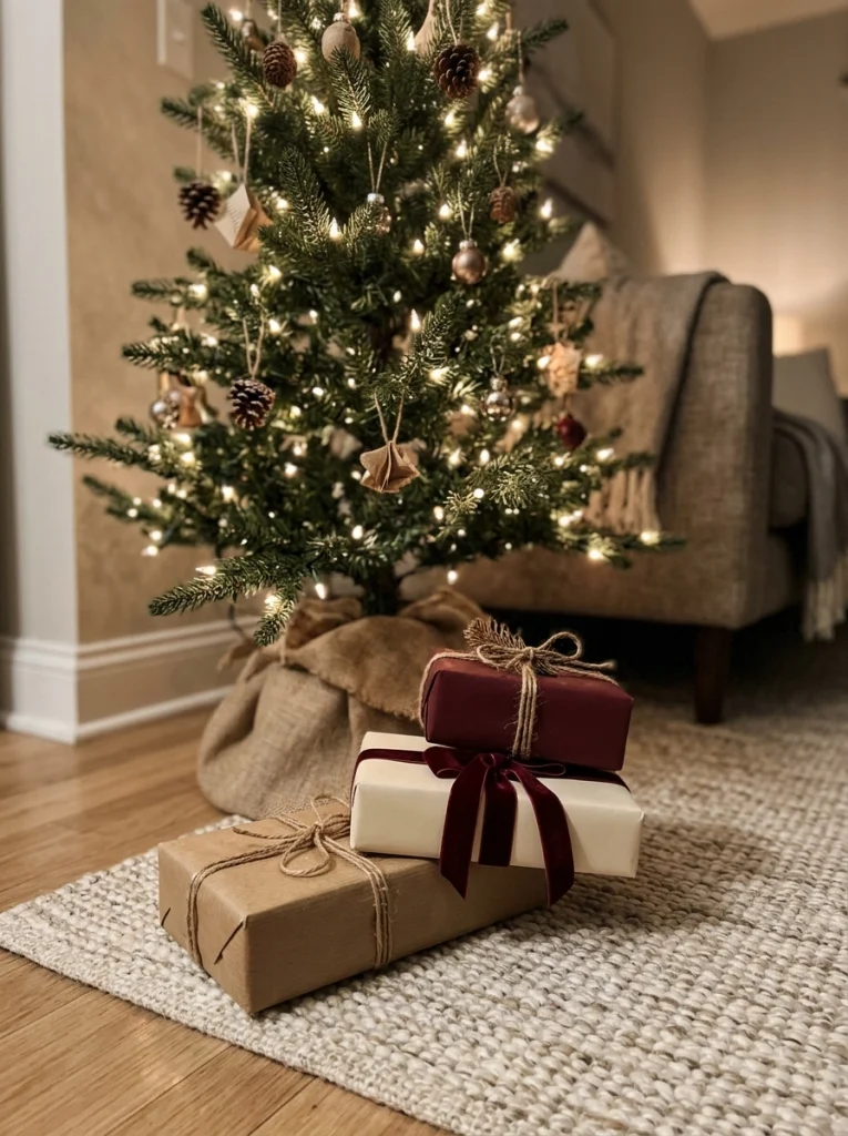 Wrapped empty boxes create a budget-friendly Christmas display beneath a small apartment tree.