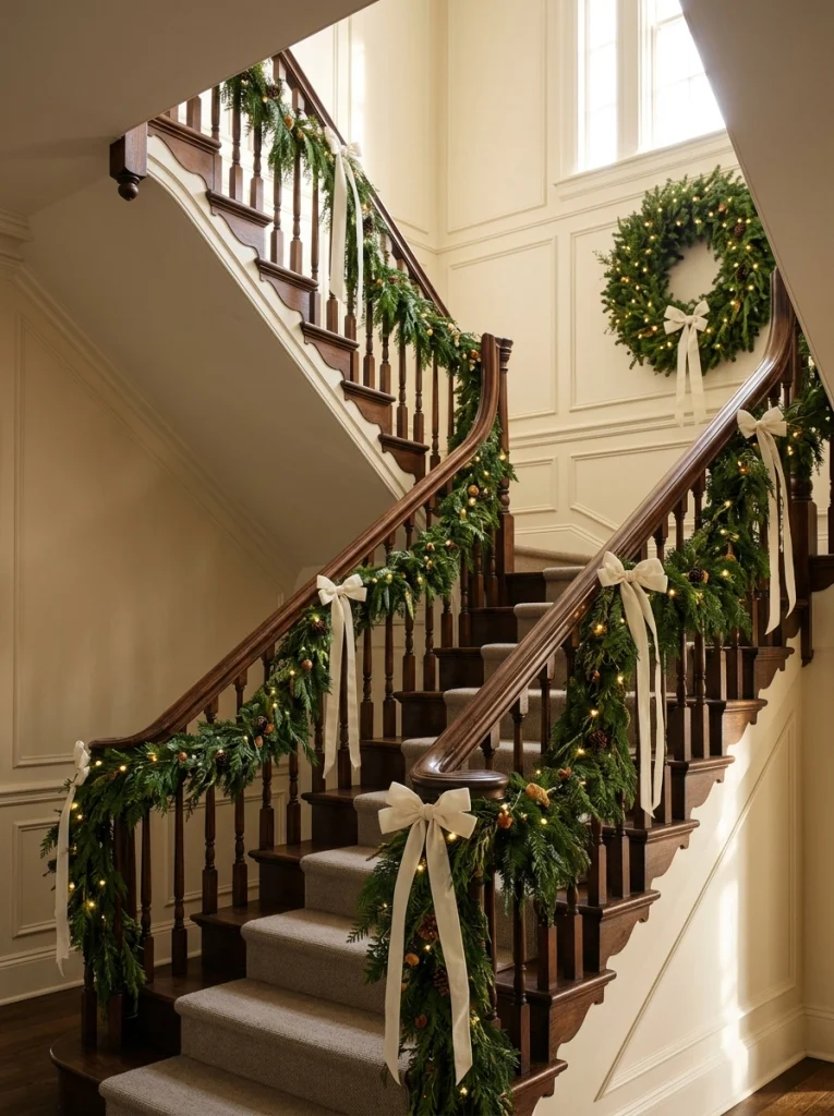A luxury Christmas staircase decorated with evergreen garland and ivory velvet bows.