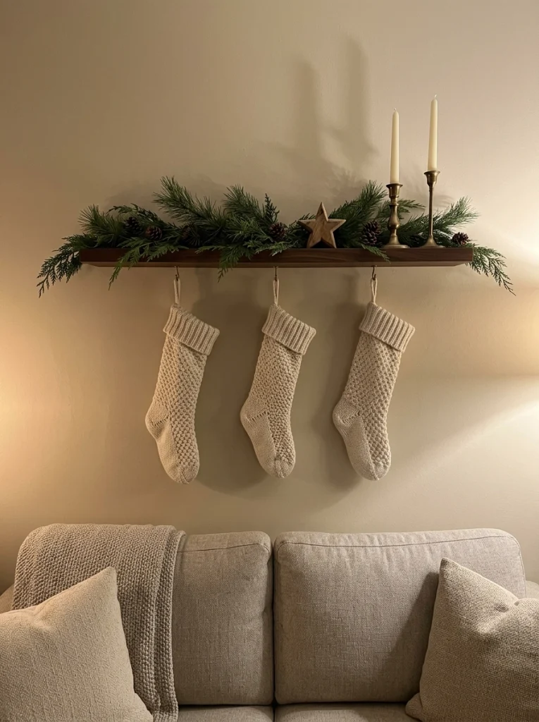 Knit Christmas stockings hanging from a floating shelf save floor space in an apartment.