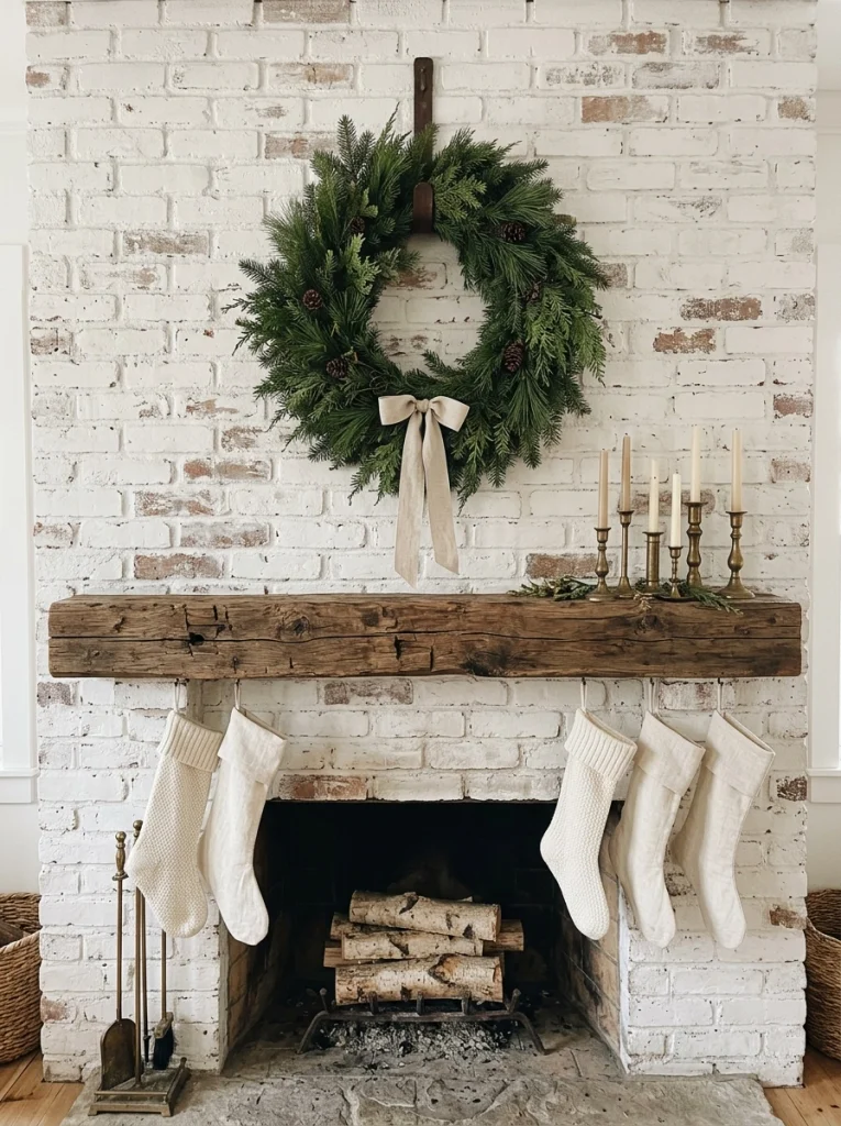 A farmhouse Christmas mantel styled with a natural evergreen wreath and simple rustic accents.