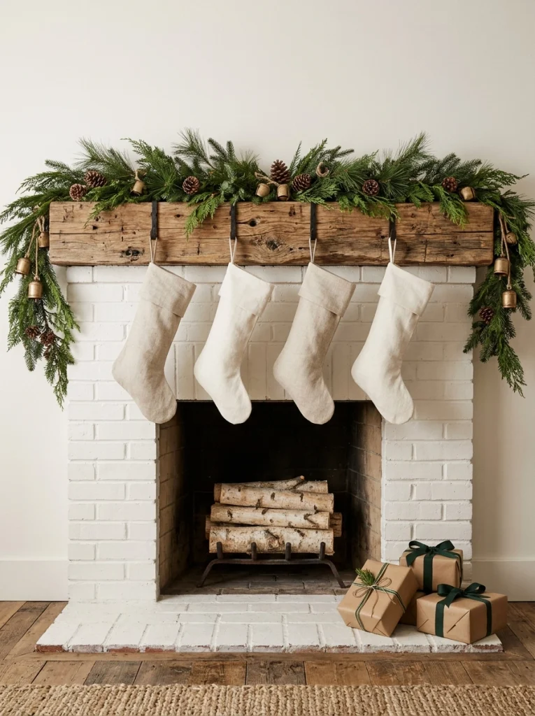 Farmhouse Christmas mantel decor with linen stockings, reclaimed wood, and evergreen garland.