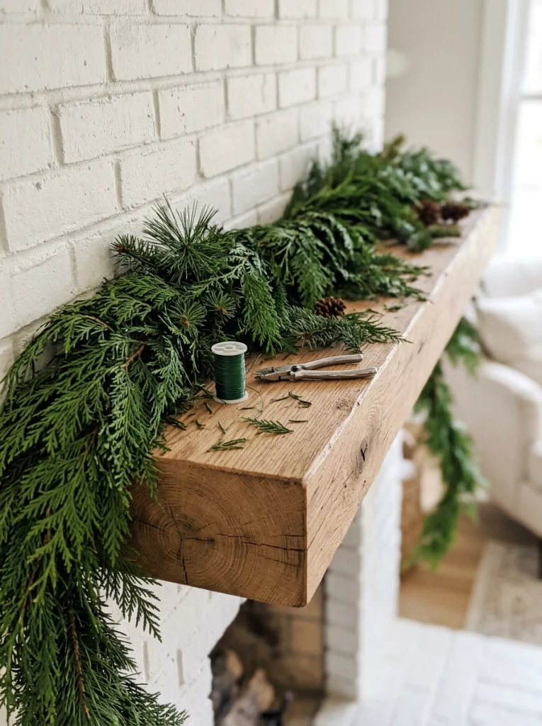 Cedar garland being arranged across a wooden mantel to create a full Christmas fireplace display.