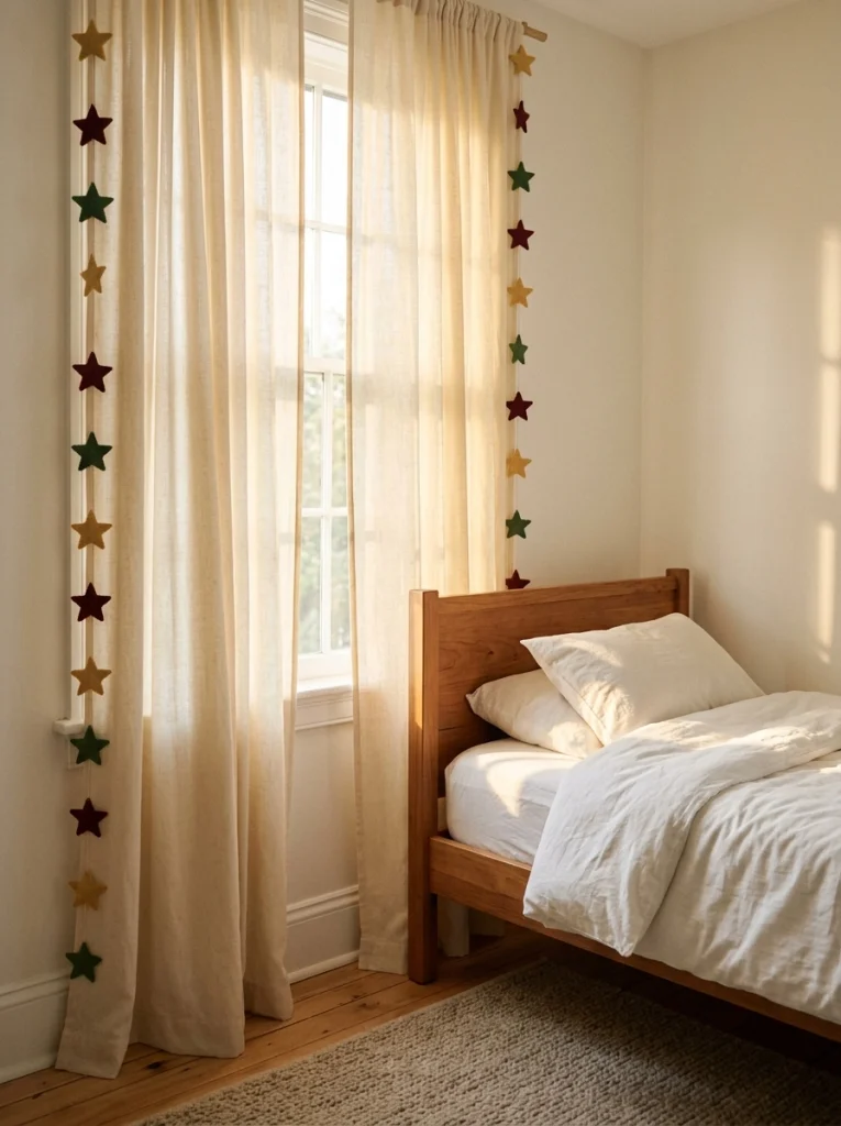 Felt Christmas stars decorating cream curtains in a cozy child's bedroom.