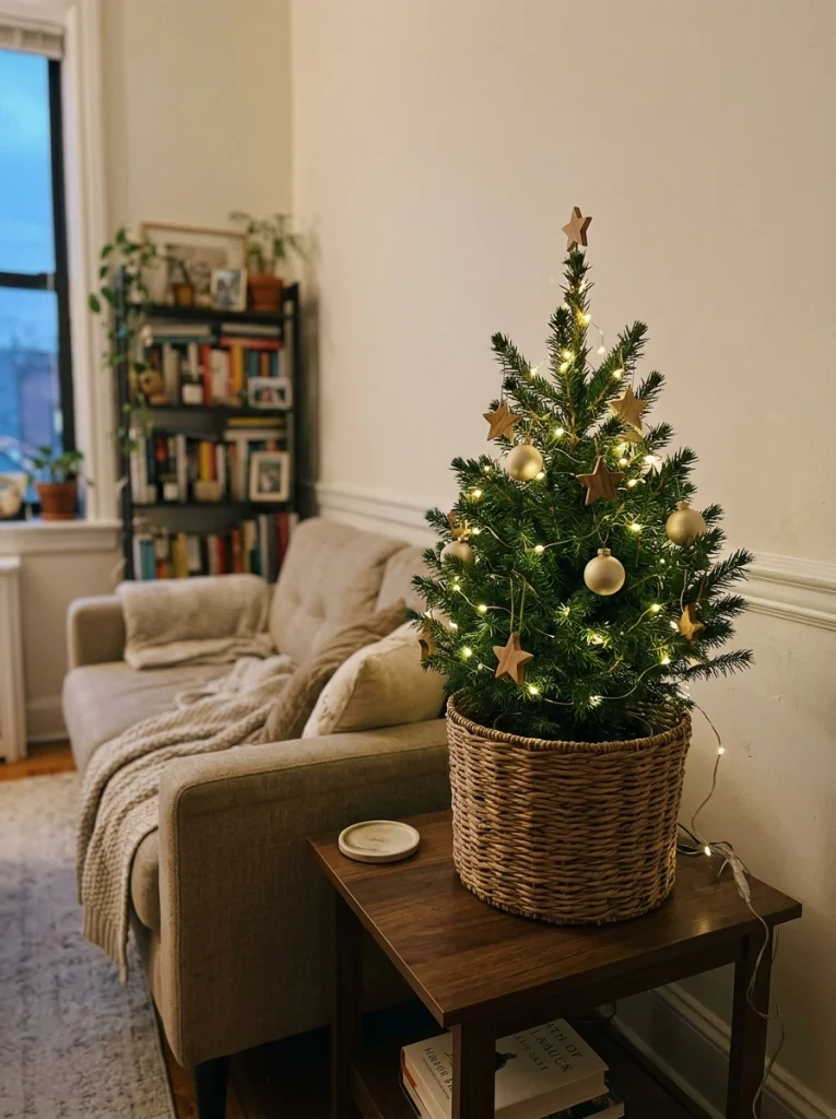 Christmas home decor ideas for a small apartment with a tabletop tree and simple wooden ornaments.