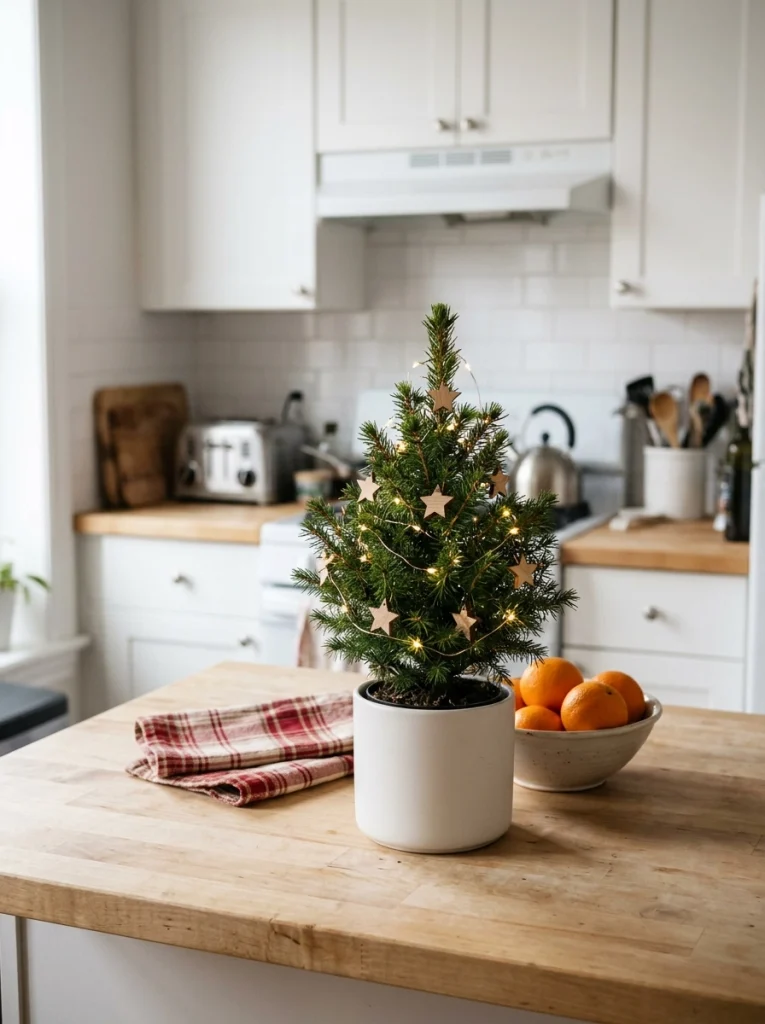 A miniature Christmas tree adds a festive touch to a small apartment kitchen counter.