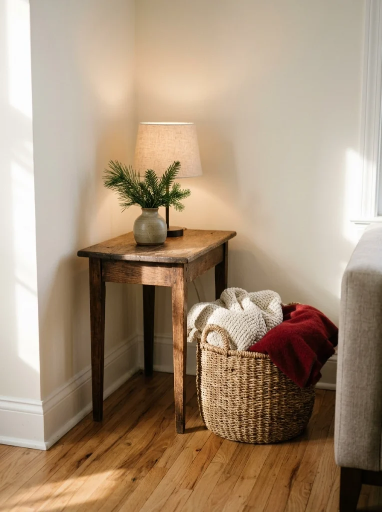 A woven basket keeps blankets tidy while adding cozy Christmas style to a small living room.