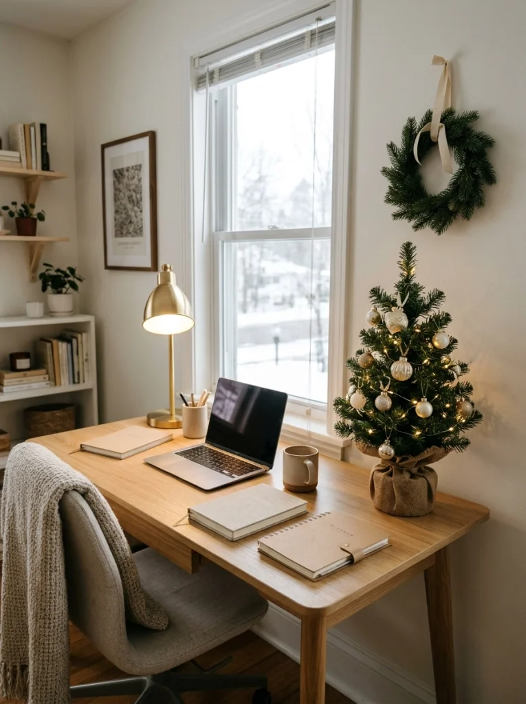 Christmas home office decor with a small tabletop tree, a wreath, and warm desk lighting.