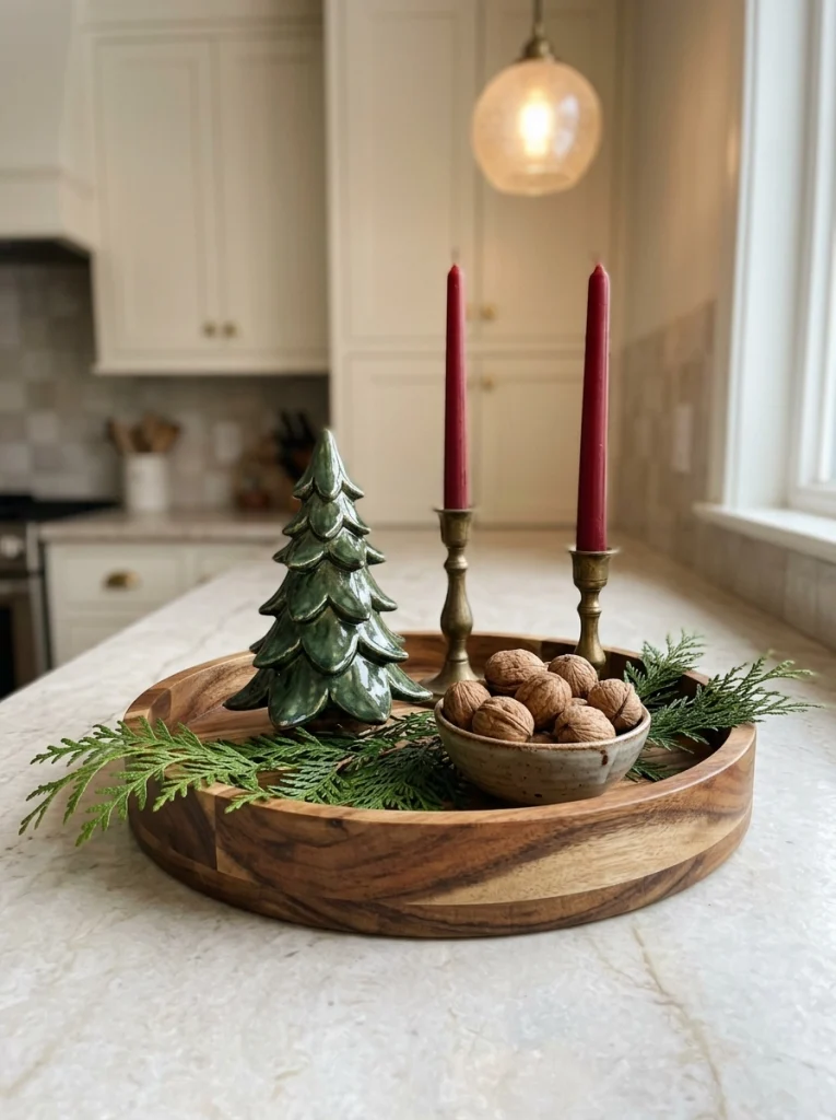 Wooden Christmas kitchen tray styled with a ceramic tree, brass candleholders, and cedar greenery.
