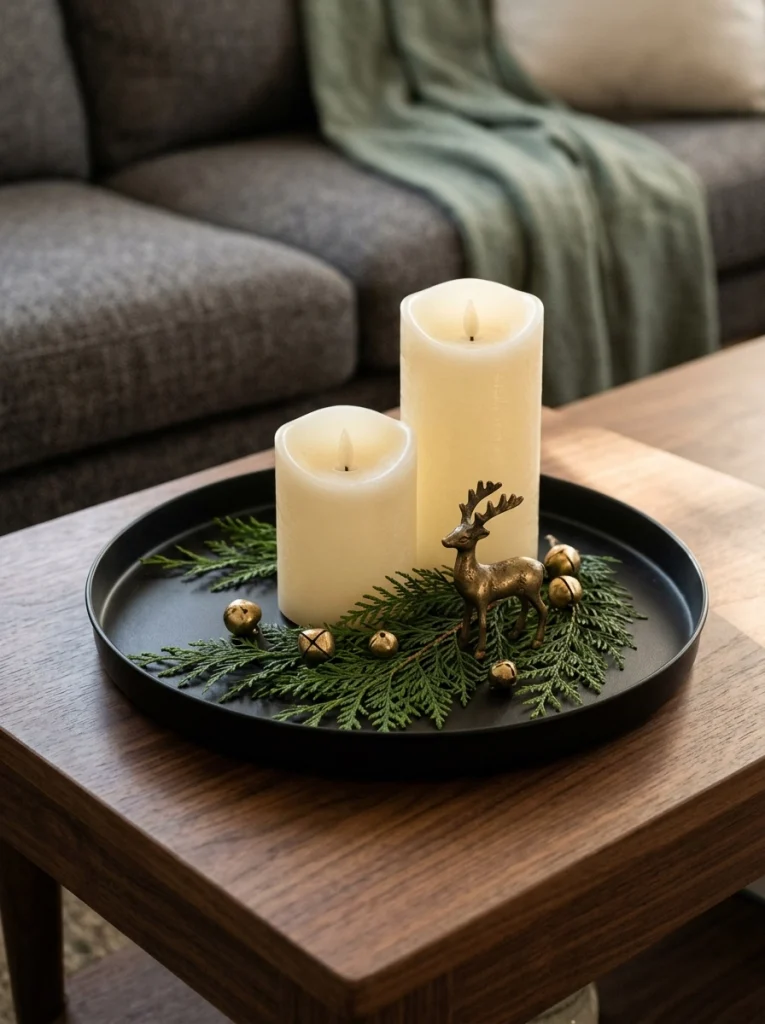 Christmas side table decor featuring a black tray, ivory candles, cedar greenery, and gold holiday accents.