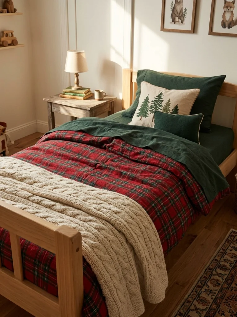 Christmas bedroom decor for kids with plaid bedding, woodland pillows, and a cozy knitted blanket.