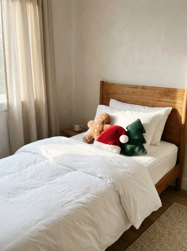 Christmas character pillows adding playful holiday color to a child's bedroom.