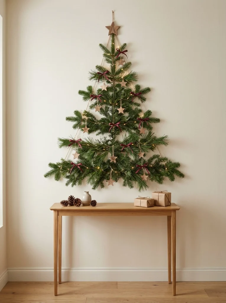 A wall-mounted greenery Christmas tree saves floor space in a small apartment.
