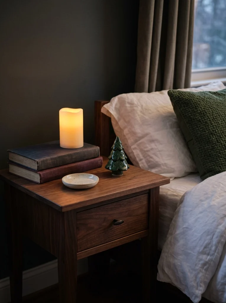 Books, an LED candle, and a miniature tree create simple Christmas nightstand styling.