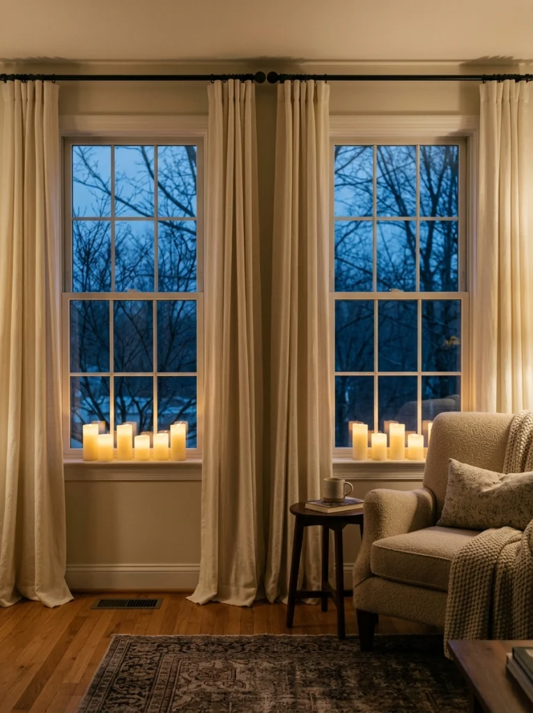 Christmas window decor with glowing LED candles and soft neutral curtains.