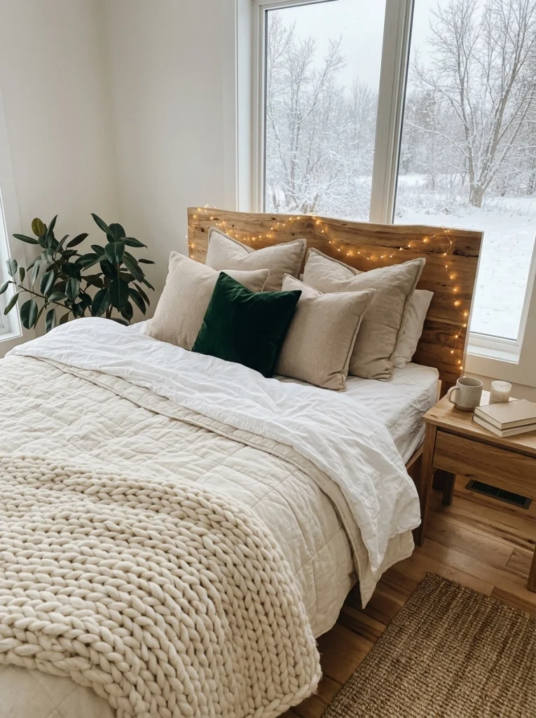 Layered cotton, knit, and velvet textiles create dreamy Christmas bedroom decor in neutral colors.