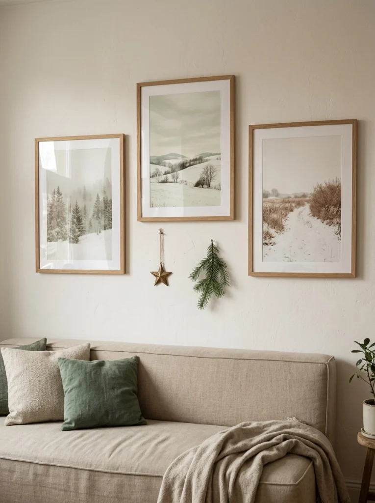 Christmas living room wall decor with framed winter landscapes, natural wood frames, and subtle seasonal accents.