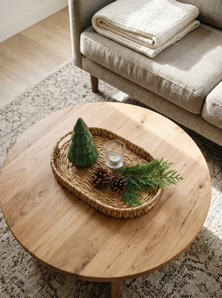 A Christmas tray with greenery and small ornaments decorates a compact apartment coffee table.