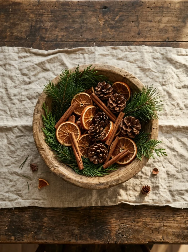 DIY Christmas centerpiece made with dried orange slices, cinnamon sticks, pinecones, and greenery.
