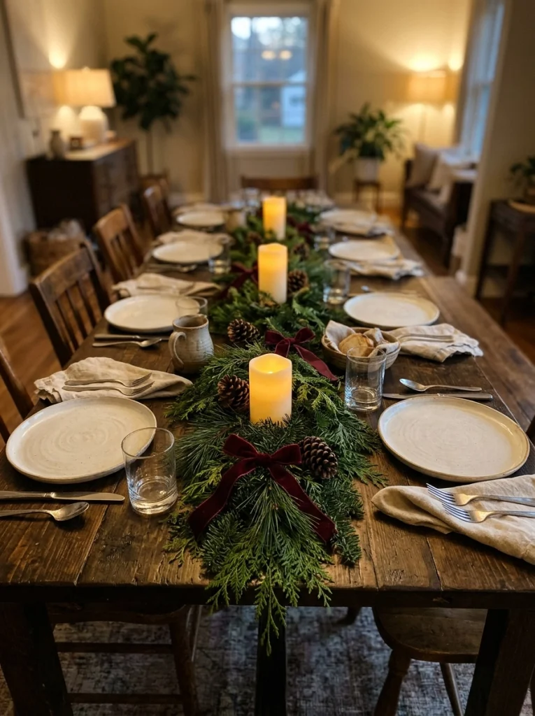 LED candles and evergreen clippings create an inexpensive Christmas dining table centerpiece.