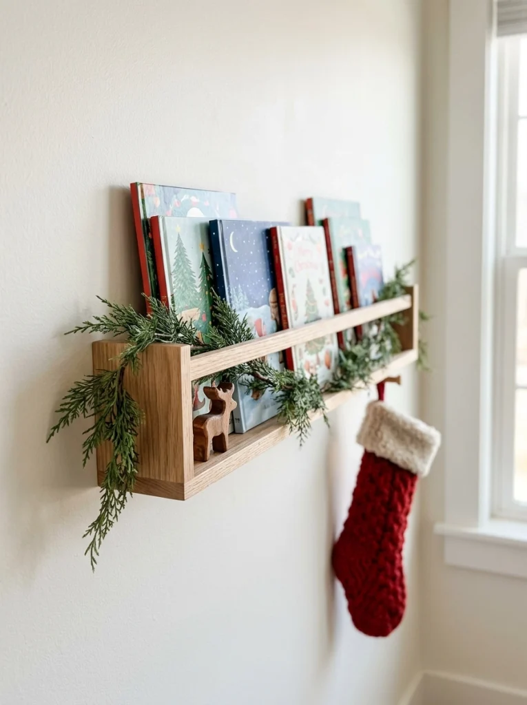 Christmas picture books displayed on a children's bedroom wall with simple holiday accents.