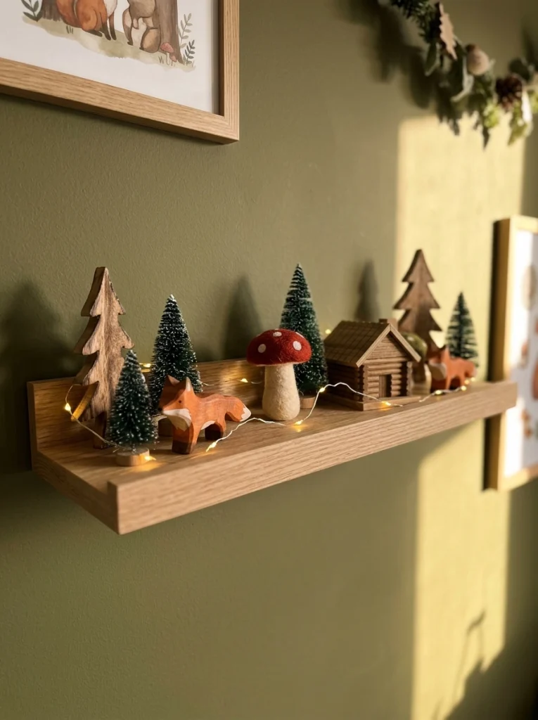 Woodland Christmas shelf decor with wooden animals, miniature trees, and natural textures.