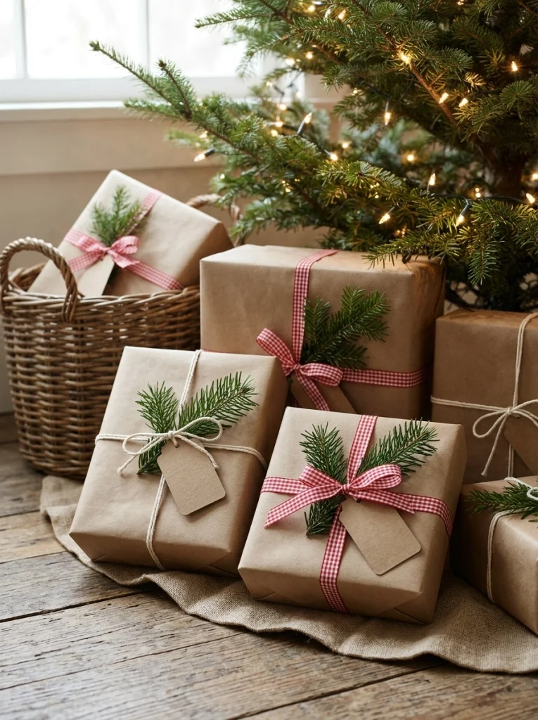 Rustic farmhouse Christmas gift wrapping with kraft paper, cotton ribbon, and evergreen sprigs.