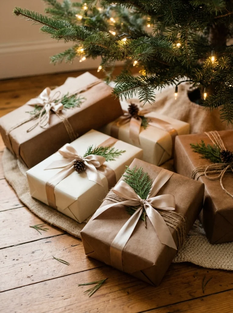 Elegant Christmas gift wrapping with kraft paper, ivory packages, champagne ribbon, and evergreen sprigs.