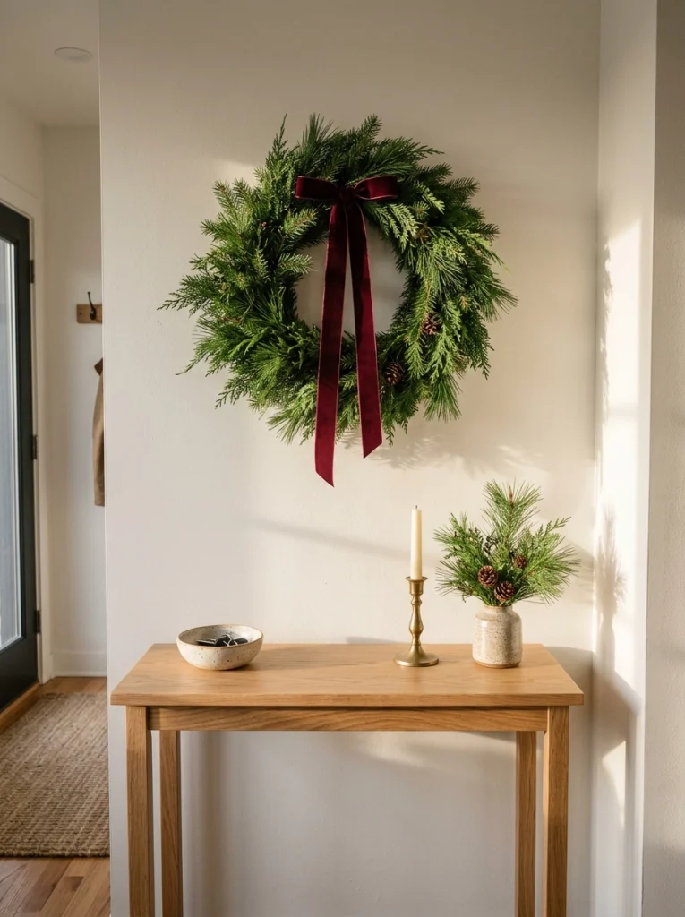 A Christmas wreath above a slim entryway console welcomes guests into a decorated apartment.