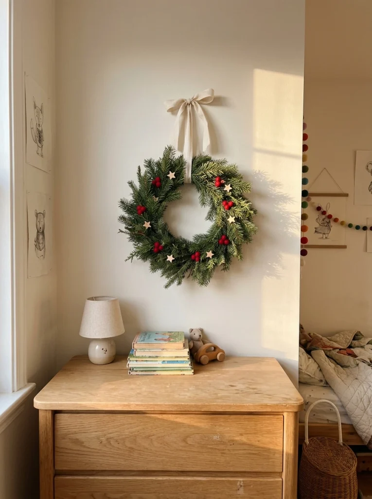 A simple evergreen Christmas wreath hanging above a child's bedroom dresser.