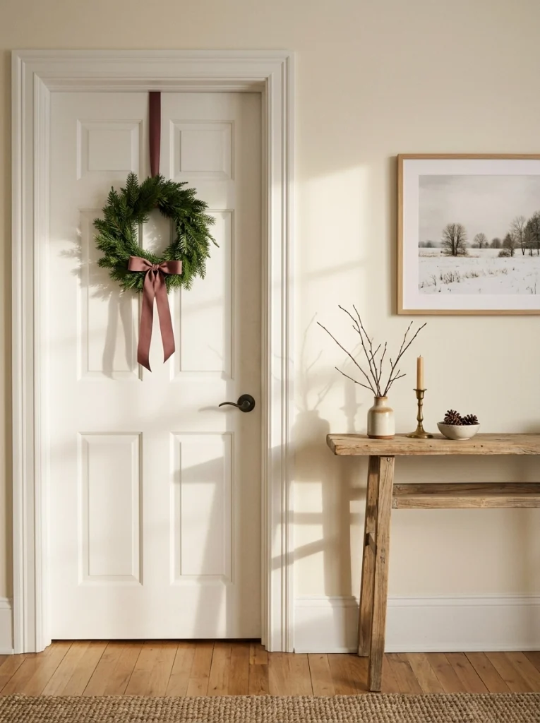 A small Christmas wreath on a bedroom door adds festive detail without using floor space.