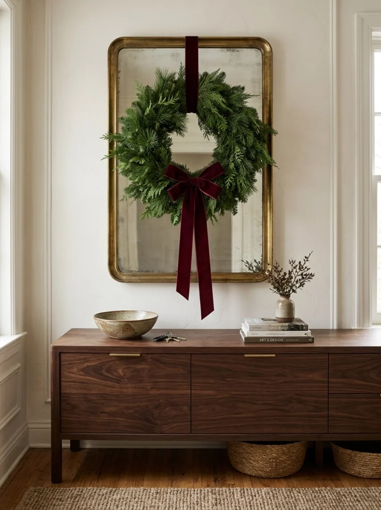 A luxury Christmas entryway featuring an oversized evergreen wreath and a walnut console table.