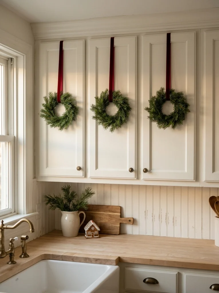 Mini evergreen wreaths and red velvet ribbons decorating white kitchen cabinets for Christmas.